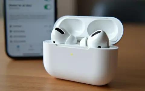 Białe słuchawki AirPods Pro w etui, obok wygaszonego ekranu telefonu.