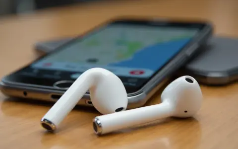 Białe słuchawki AirPods leżące obok smartfona z widoczną mapą.