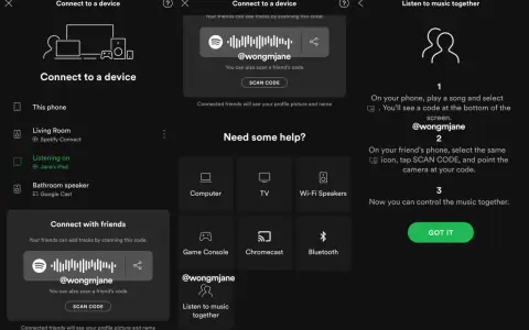 Ekran Spotify z kodem QR do połączenia z przyjaciółmi i instrukcjami słuchania muzyki razem.