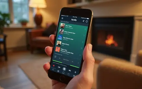 Dłoń trzyma smartfon z otwartą aplikacją Spotify, na ekranie widoczna lista utworów.