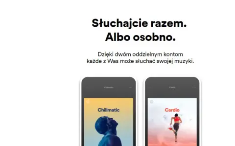 Dwa ekrany smartfonów z aplikacją muzyczną, jeden z portretem mężczyzny, drugi z biegaczką.