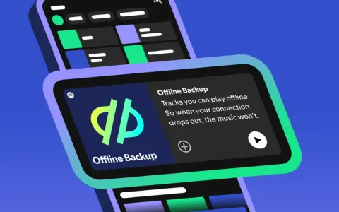Dwa ekrany smartfonów z interfejsem Spotify, jeden z ikoną "Offline Backup".