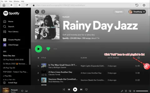 Okładka playlisty "Rainy Day Jazz" na Spotify, z widocznym interfejsem aplikacji i przyciskiem dodawania.