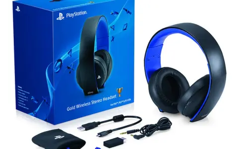 Zestaw słuchawkowy PlayStation Gold Wireless Stereo z pudełkiem i akcesoriami.