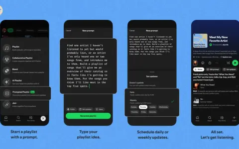 Cztery ekrany smartfonów pokazujące tworzenie playlisty w Spotify za pomocą AI.