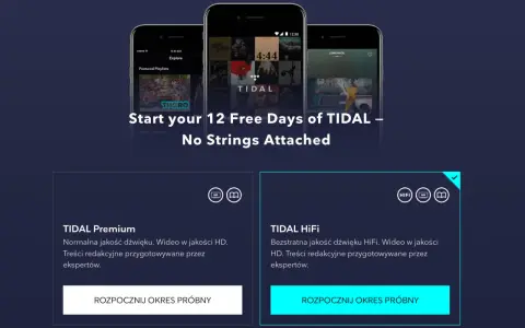Trzy telefony z aplikacją TIDAL, oferta 12 darmowych dni i porównanie planów TIDAL Premium i HiFi.