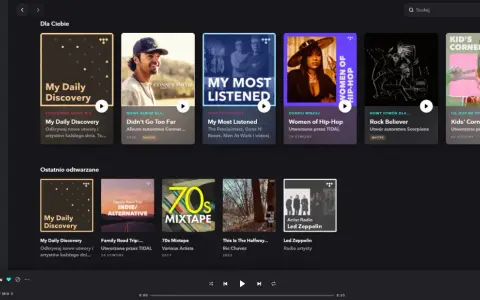 Okładki albumów i playlist w aplikacji TIDAL: My Daily Discovery, Conner Smith, My Most Listened, Women of Hip-Hop, Rock Believer, Kids' Corner.