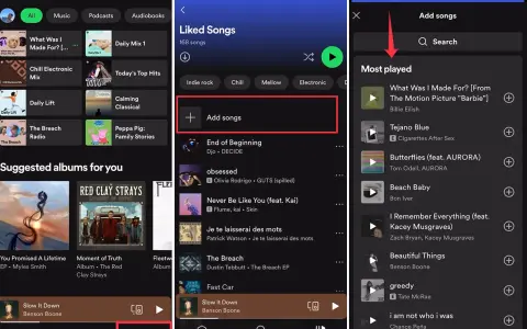 Ekran telefonu z aplikacją Spotify, pokazujący listę utworów i opcję dodawania.