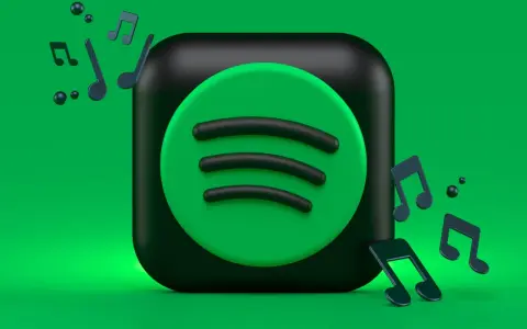 Ikona Spotify otoczona nutami muzycznymi na zielonym tle.