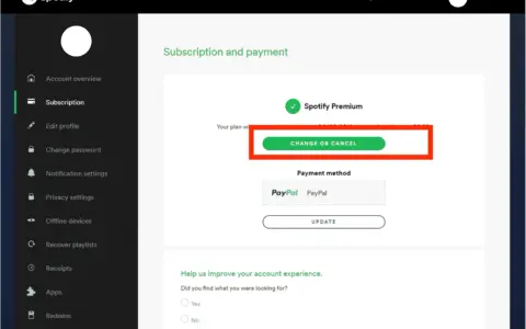 Ekran Spotify z zaznaczonym przyciskiem "Zmień lub anuluj" subskrypcję Premium.