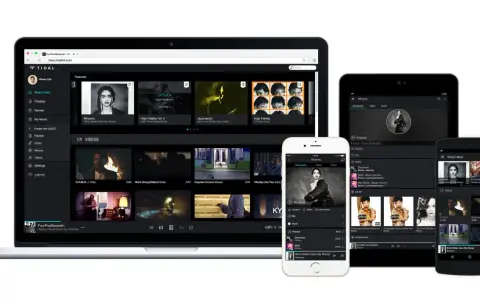 Ekran laptopa, tabletu i telefonu z interfejsem aplikacji muzycznej Tidal.