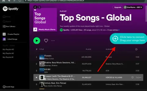 Spotify playlist "Top Songs - Global" z przyciskiem "Click here to convert Drag your songs here".