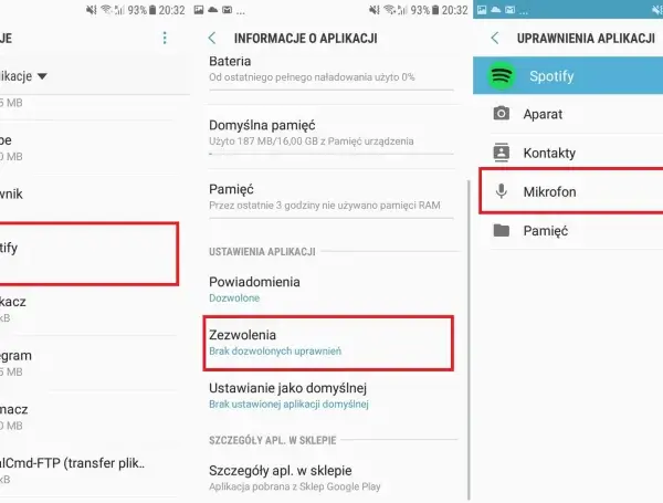 Ekran telefonu z zaznaczonymi uprawnieniami aplikacji Spotify do korzystania z mikrofonu.