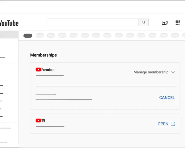Ekran YouTube z sekcją "Memberships" pokazującą opcję anulowania YouTube Premium.