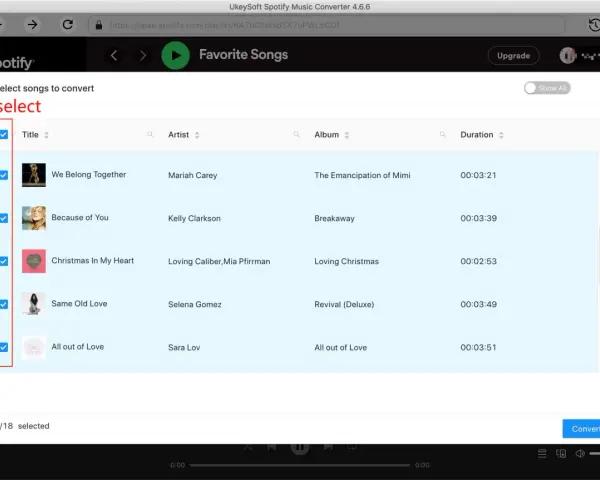 Lista utworów Spotify z zaznaczonymi do pobrania piosenkami.