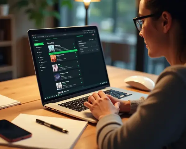 Kobieta w okularach pracuje na laptopie z otwartym Spotify.