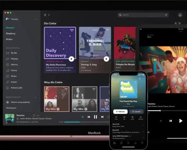 Ekran laptopa, tabletu i telefonu z interfejsem aplikacji Tidal.
