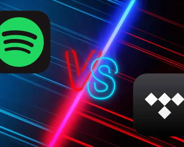 Logo Spotify i Tidal na tle neonowego napisu VS.
