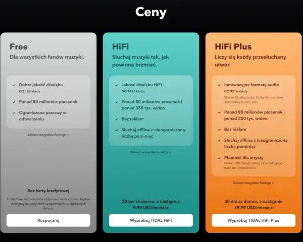 Porównanie planów TIDAL: Free, HiFi i HiFi Plus z cenami i funkcjami.