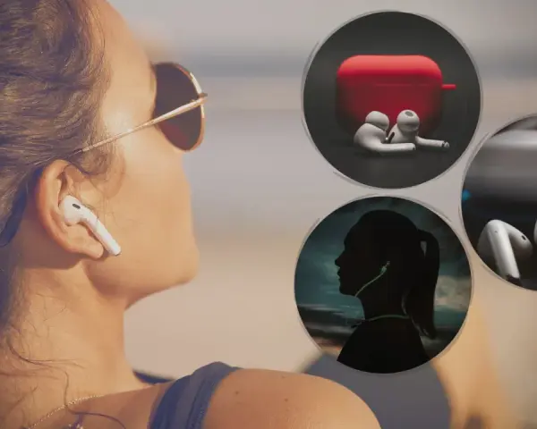 Kobieta z AirPods w uchu, obok okręgi z etui i słuchawkami.
