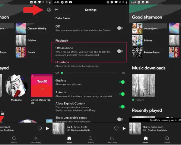 Ekran aplikacji Spotify z włączonym trybem offline.