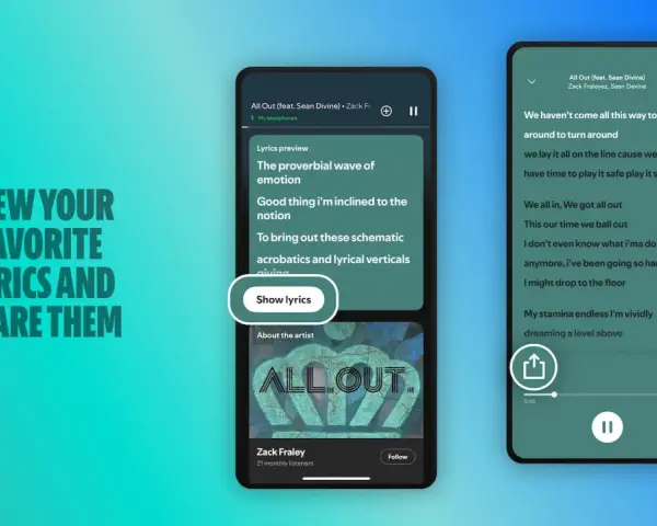 Dwa ekrany telefonu z widokiem tekstu piosenki i opcją udostępniania.