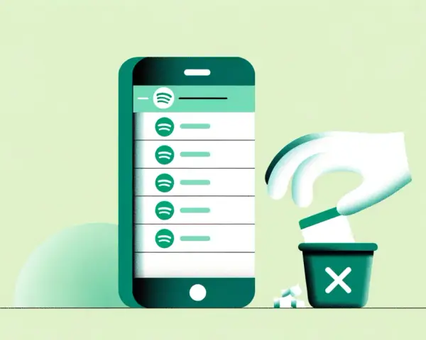 Dłoń wrzuca do kosza elementy z listy odtwarzania Spotify na ekranie telefonu.