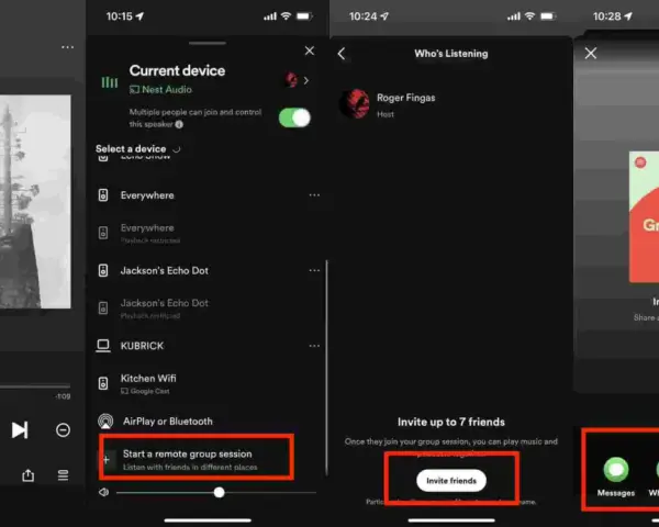 Trzy ekrany aplikacji Spotify pokazujące opcje udostępniania sesji grupowej.