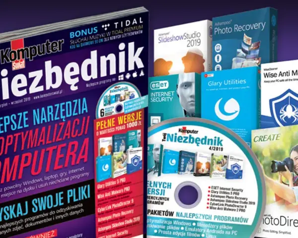 Magazyn "Komputer Niezbędnik" z płytą CD i pudełkami programów komputerowych.