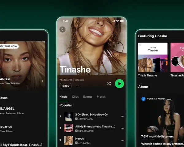 Trzy ekrany telefonu z profilem artystki Tinashe na Spotify, pokazujące jej muzykę i popularność.