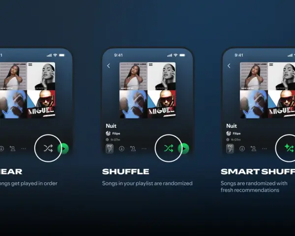 Trzy ekrany telefonu z interfejsem Spotify, pokazujące opcje odtwarzania: liniowe, losowe i inteligentne losowe.