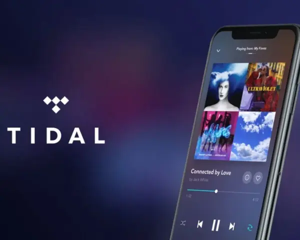 Logo Tidal i ekran smartfona z interfejsem aplikacji muzycznej.