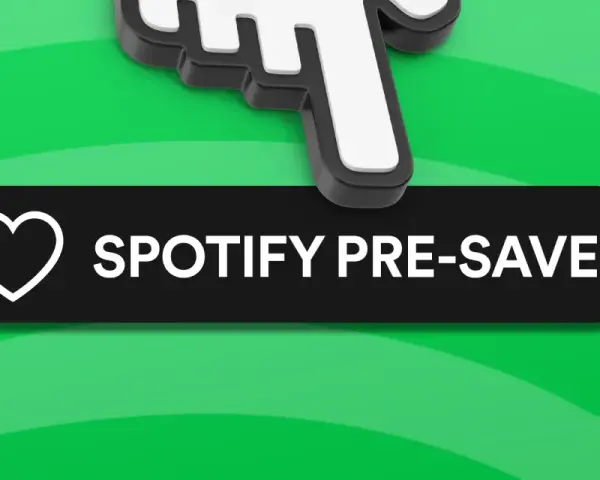 Ikona kursora myszy nad przyciskiem "Spotify Pre-Save" na zielonym tle.