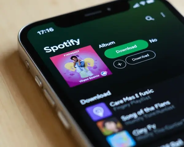 Ekran telefonu z aplikacją Spotify, widoczna okładka albumu i przyciski pobierania.