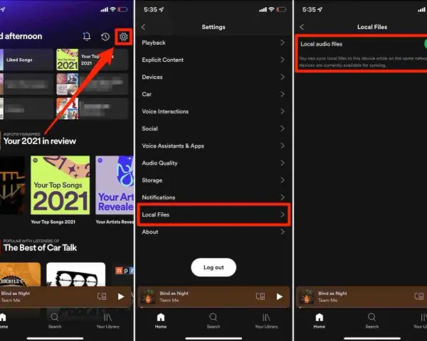 Zrzuty ekranu Spotify pokazujące ustawienia plików lokalnych.