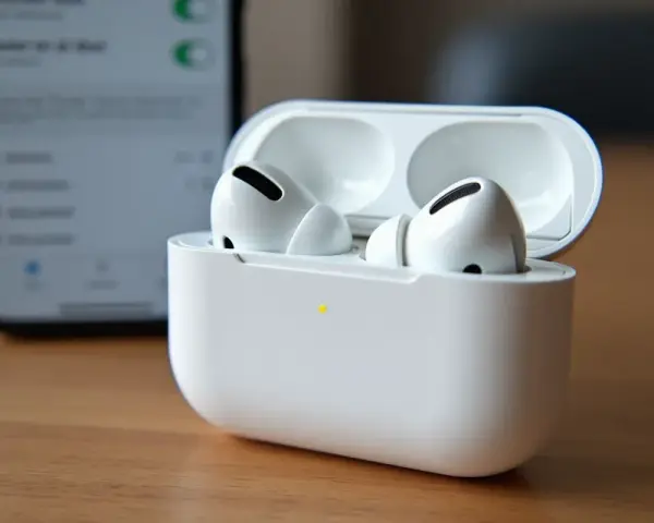 Białe słuchawki AirPods Pro w etui, obok wygaszonego ekranu telefonu.