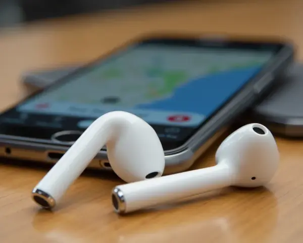 Białe słuchawki AirPods leżące obok smartfona z widoczną mapą.