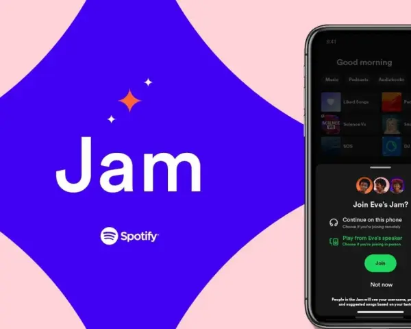 Telefon z aplikacją Spotify, na którym widać opcję dołączenia do "Jam" znajomych.