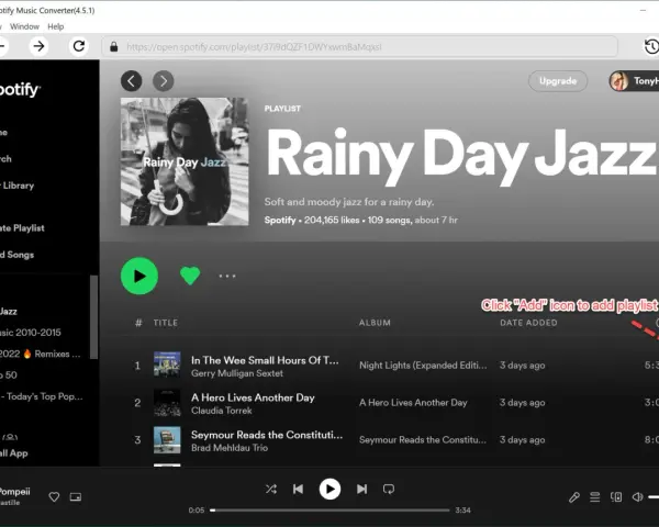 Okładka playlisty "Rainy Day Jazz" na Spotify, z widocznym interfejsem aplikacji i przyciskiem dodawania.