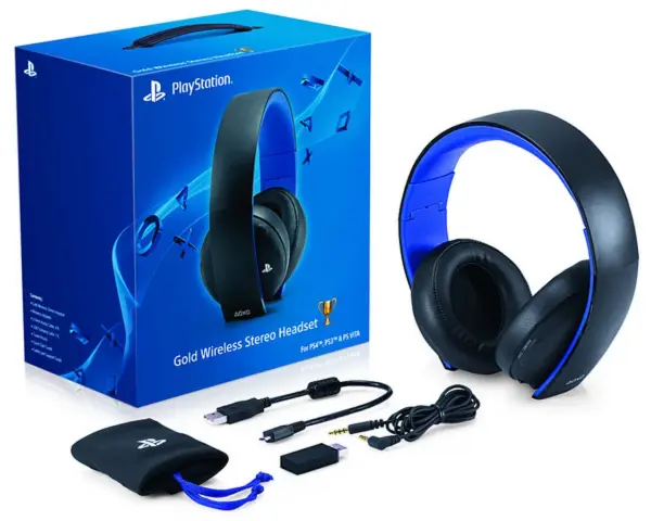 Zestaw słuchawkowy PlayStation Gold Wireless Stereo z pudełkiem i akcesoriami.