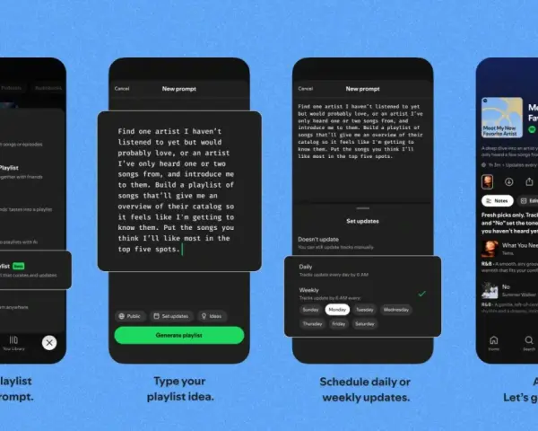 Cztery ekrany smartfonów pokazujące tworzenie playlisty w Spotify za pomocą AI.