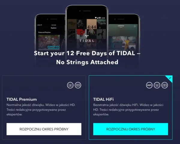 Trzy telefony z aplikacją TIDAL, oferta 12 darmowych dni i porównanie planów TIDAL Premium i HiFi.