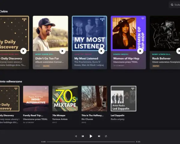 Okładki albumów i playlist w aplikacji TIDAL: My Daily Discovery, Conner Smith, My Most Listened, Women of Hip-Hop, Rock Believer, Kids' Corner.