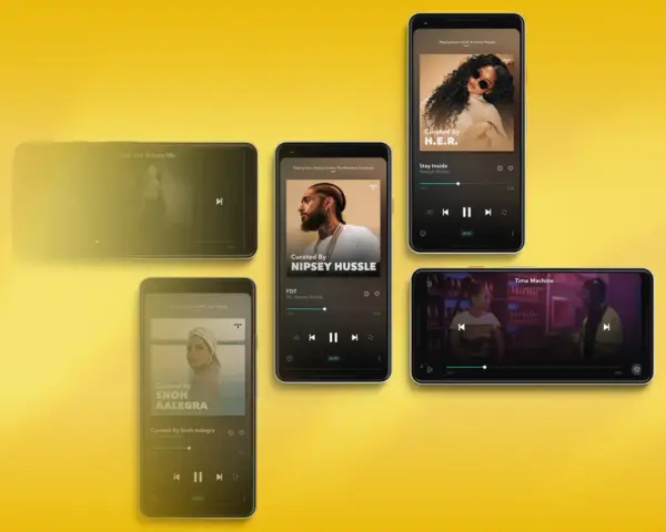 Pięć smartfonów z interfejsem aplikacji muzycznej Tidal na żółtym tle.