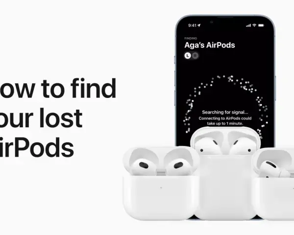 Trzy białe etui z otwartymi klapkami i słuchawkami AirPods, obok telefonu z aplikacją Znajdź.