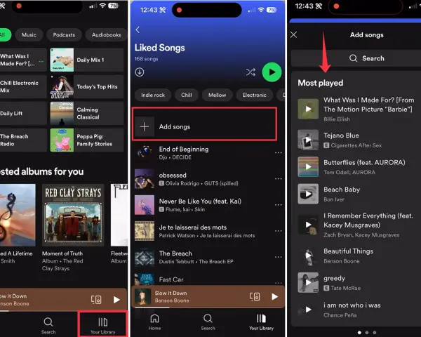 Ekran telefonu z aplikacją Spotify, pokazujący listę utworów i opcję dodawania.
