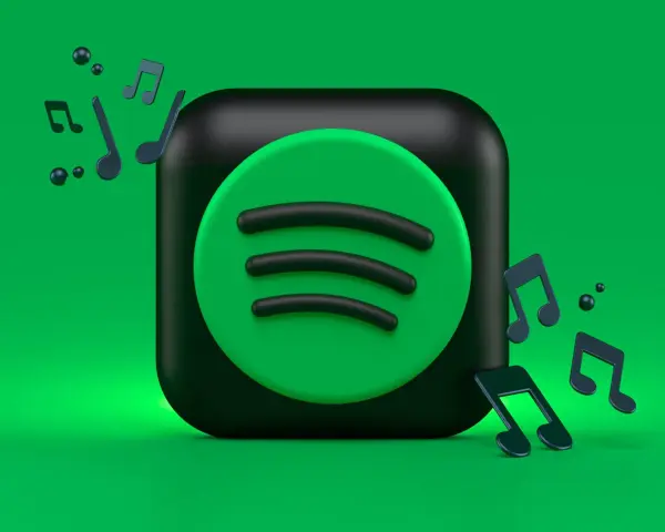 Ikona Spotify otoczona nutami muzycznymi na zielonym tle.
