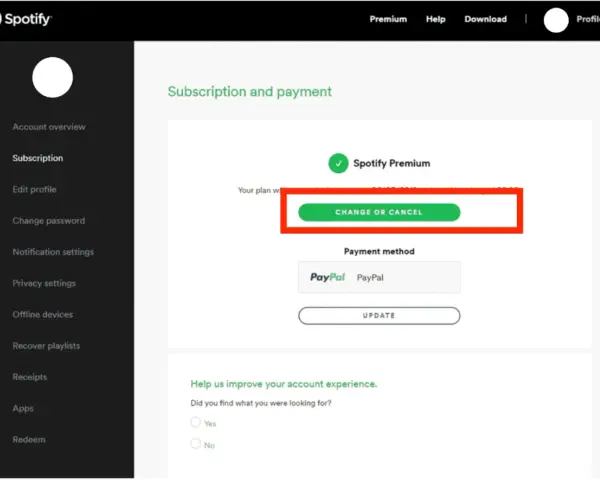Ekran Spotify z zaznaczonym przyciskiem "Zmień lub anuluj" subskrypcję Premium.