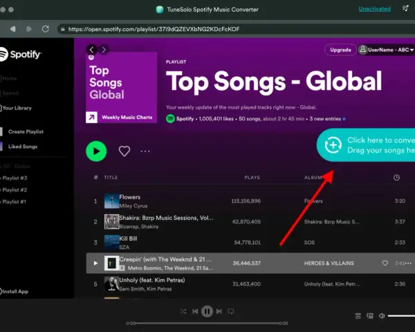 Spotify playlist "Top Songs - Global" z przyciskiem "Click here to convert Drag your songs here".