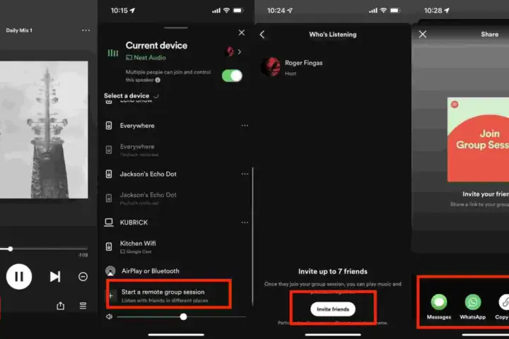 Trzy ekrany aplikacji Spotify pokazujące opcje udostępniania sesji grupowej.